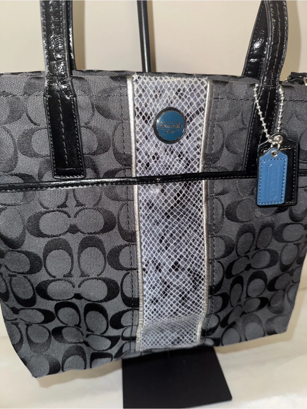 Coach Black Signature Canvas Tote with Blue Accent